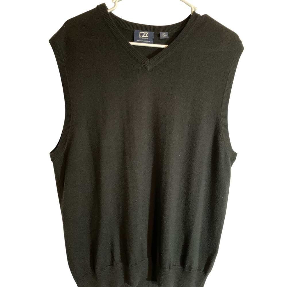 Cutter & Buck Mens Black Merino Wool Blend V-Neck Sweater Vest Medium